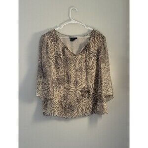 Cynthia Howie Shirt 100% Silk Size 18W 3/4 Sleeves Flutter V Neck Shoulder Pads